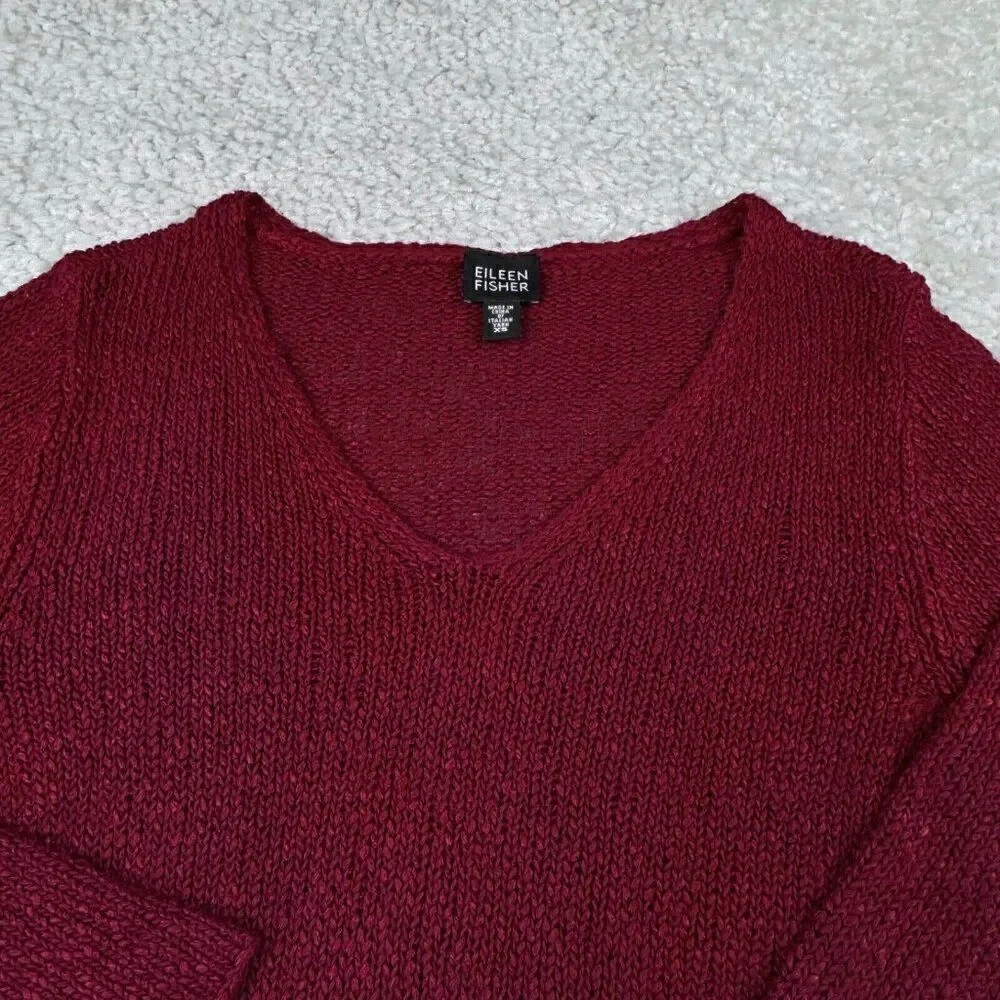 Eileen Fisher Italian Yarn Linen Blend V-Neck Sweater Cranberry Red